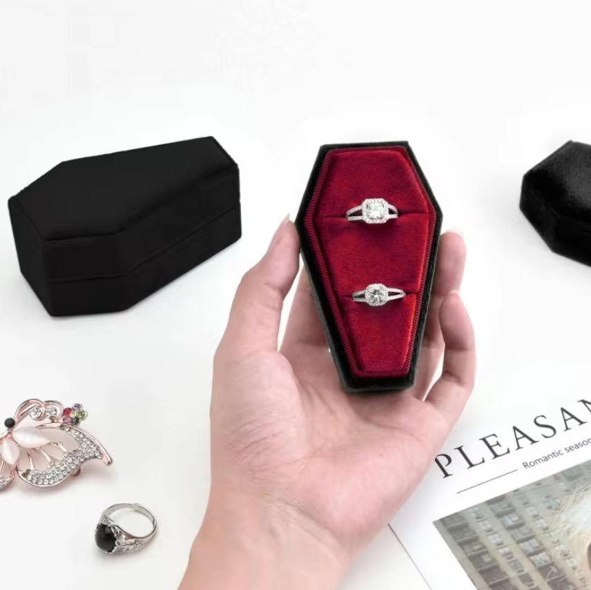 Gothic Design Velvet Coffin Ring Box