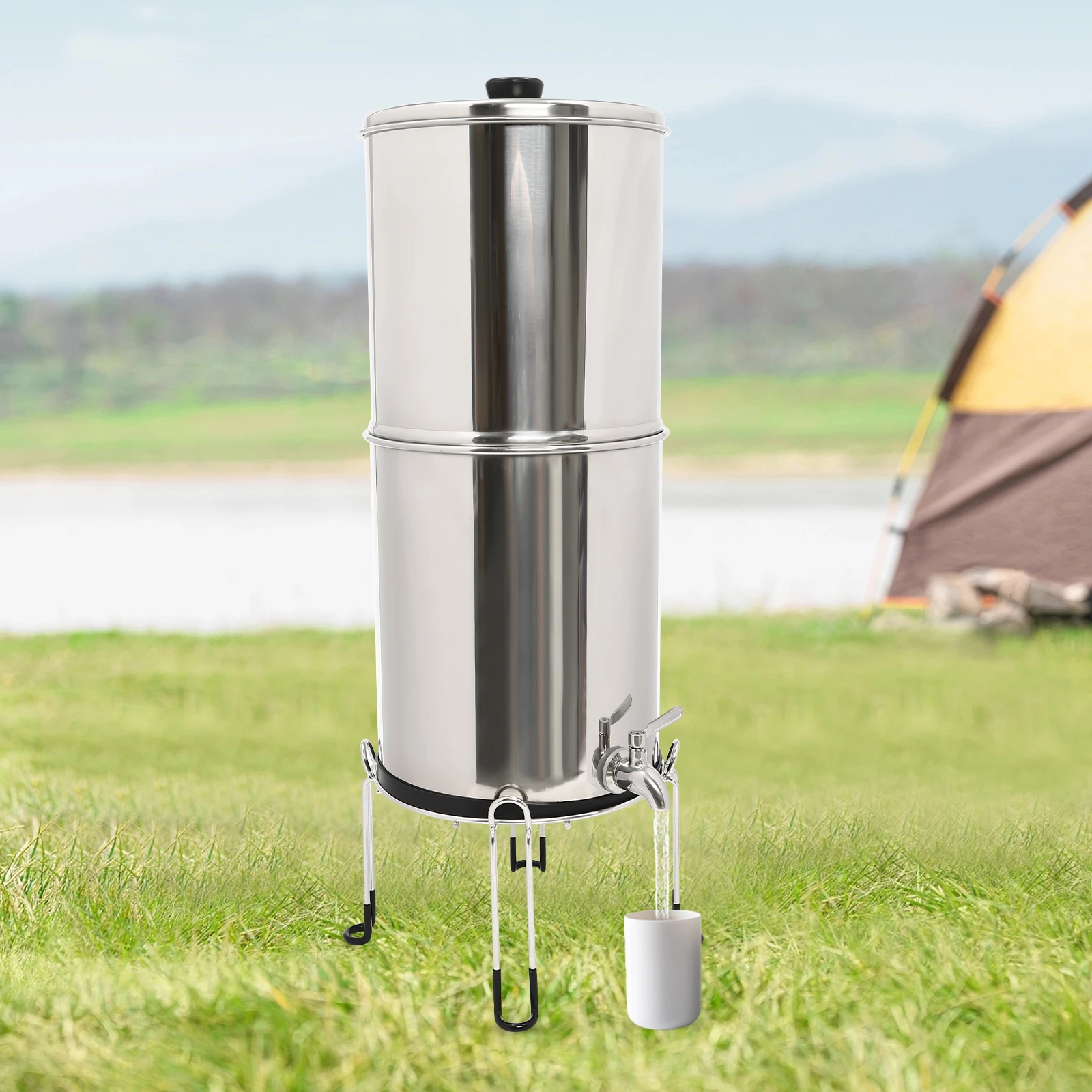 Gravity-fed Water Filter System, 2.25 Gallon Stainless Steel Countertop System with 2 Silver-loaded Carbon Rod Filters Gravity-fed Water Filter System, 2.25 Gallon Stainless Steel Countertop System with 2 Silver-loaded Carbon Rod Filters