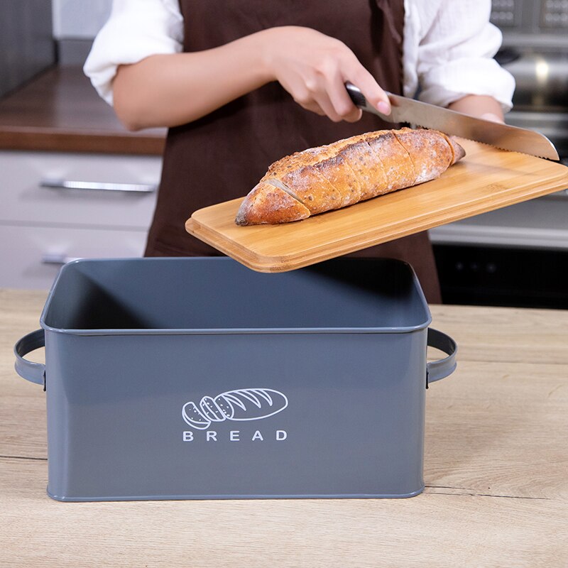 Grey Bread Bin with Wooden Lid