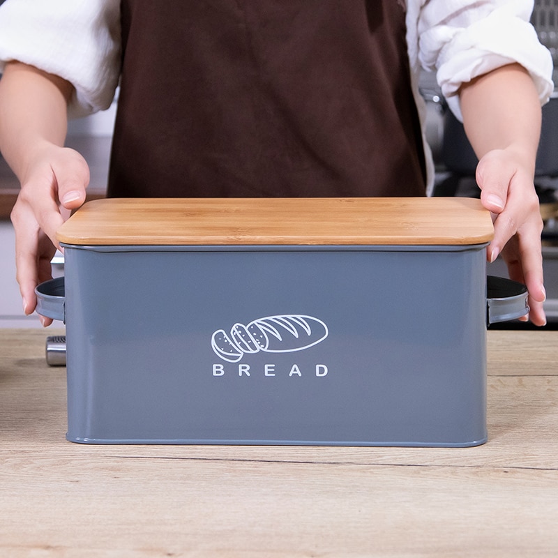 Grey Bread Bin with Wooden Lid