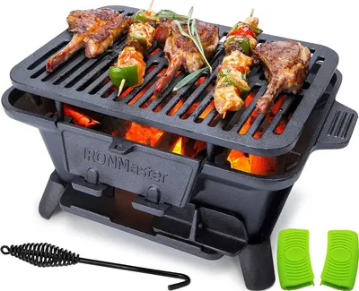 Grill Outdoor, Small Portable Charcoal Grill, 100% Pre-Seasoned Cast Iron, Japanese Yakitori Camping Grill – 2 Heights