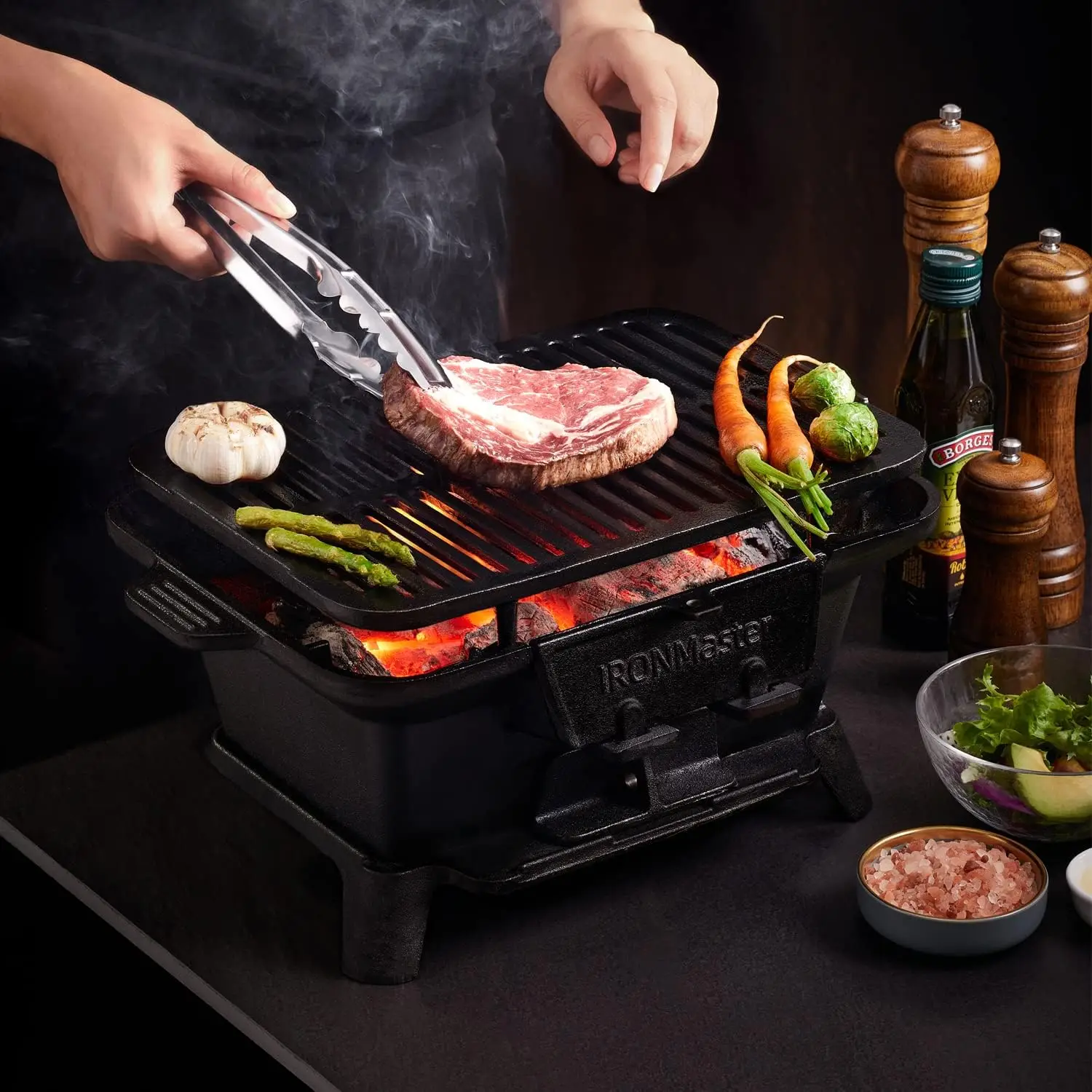 Grill Outdoor, Small Portable Charcoal Grill, 100% Pre-Seasoned Cast Iron, Japanese Yakitori Camping Grill – 2 Heights