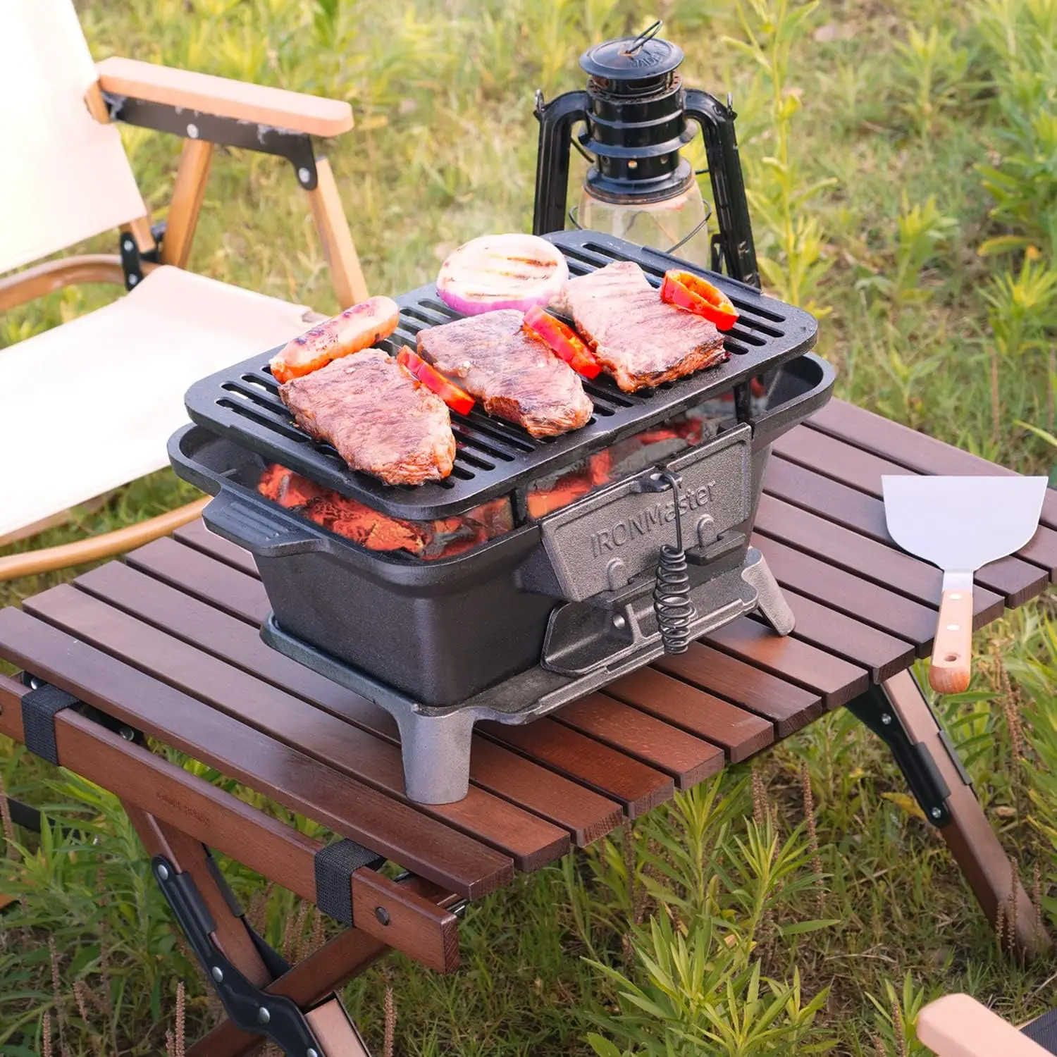 Grill Outdoor, Small Portable Charcoal Grill, 100% Pre-Seasoned Cast Iron, Japanese Yakitori Camping Grill – 2 Heights