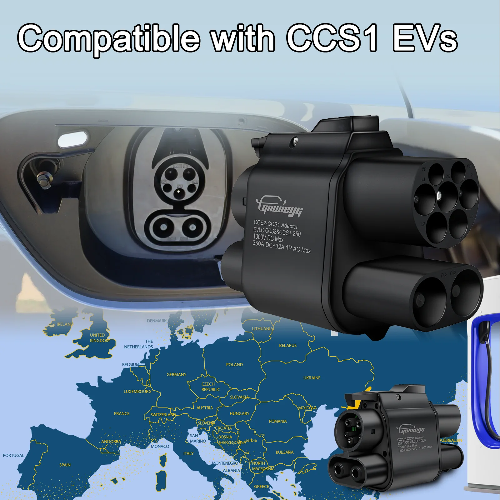 GUWIEYG CCS2 to CCS1 EV Charger Adapter 350A 1000V DC Fast Charging Fit for CCS2 EV Portable Charger and CCS1 Standard GUWIEYG CCS2 to CCS1 EV Charger Adapter 350A 1000V DC Fast Charging Fit for CCS2 EV Portable Charger and CCS1 Standard