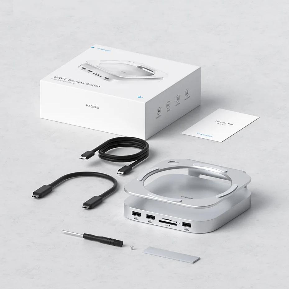 Hagibis USB C Hub with M.2 SSD Enclosure for Mac Mini M4/M4 Pro Stand Type-C Docking Station SSD Case USB3.2 Gen2 SD4.0
