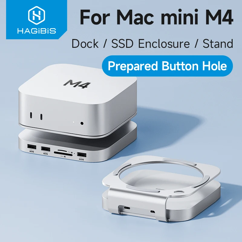 Hagibis USB C Hub with M.2 SSD Enclosure for Mac Mini M4/M4 Pro Stand Type-C Docking Station SSD Case USB3.2 Gen2 SD4.0