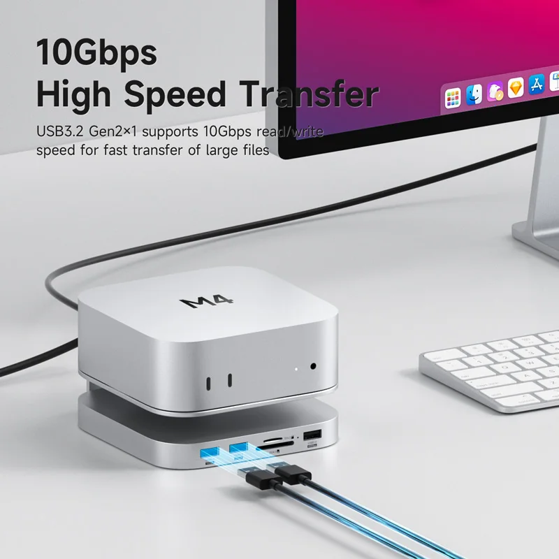 Hagibis USB C Hub with M.2 SSD Enclosure for Mac Mini M4/M4 Pro Stand Type-C Docking Station SSD Case USB3.2 Gen2 SD4.0