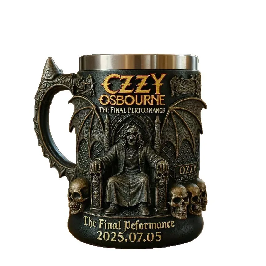 Halloween 3D Resin Ozzy Mug Osbourne Commemorative Mug Stainless Steel Skull Water Cup Beer Mug Coffee Cup Drinking