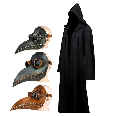Halloween Cloak Plague Doctor Mask Cosplay Costume Sorcerer Long Shirt Hooded Black Robe Adult and Child Holiday