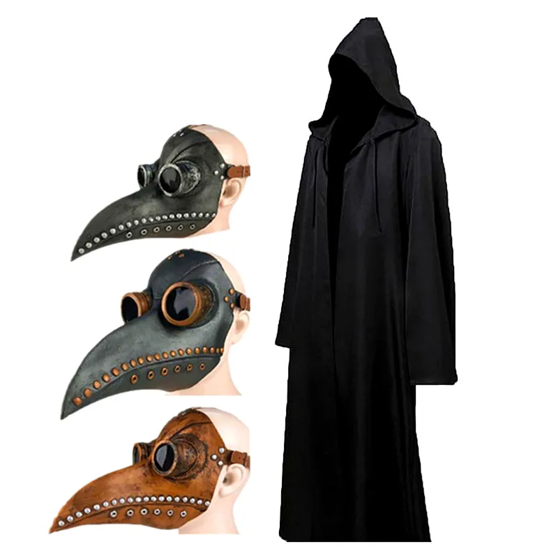 Halloween Cloak Plague Doctor Mask Cosplay Costume Sorcerer Long Shirt Hooded Black Robe Adult and Child Holiday