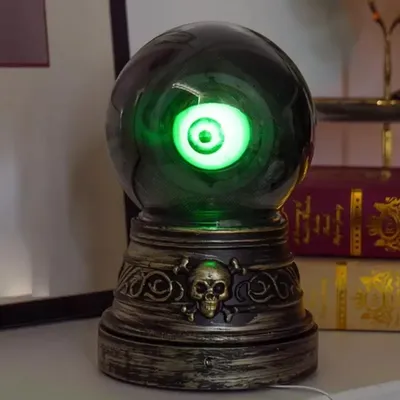 Halloween Crystal Ball with Blinking Green Evil Eye LED Gothic Decor Battery Operated Crystal Ball with Lights Sound