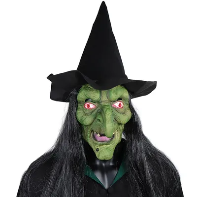 Halloween Horror Old Witch Mask with Hat Cosplay Scary Clown Hag Latex Masks Green Face Big Nose Old Women Costume