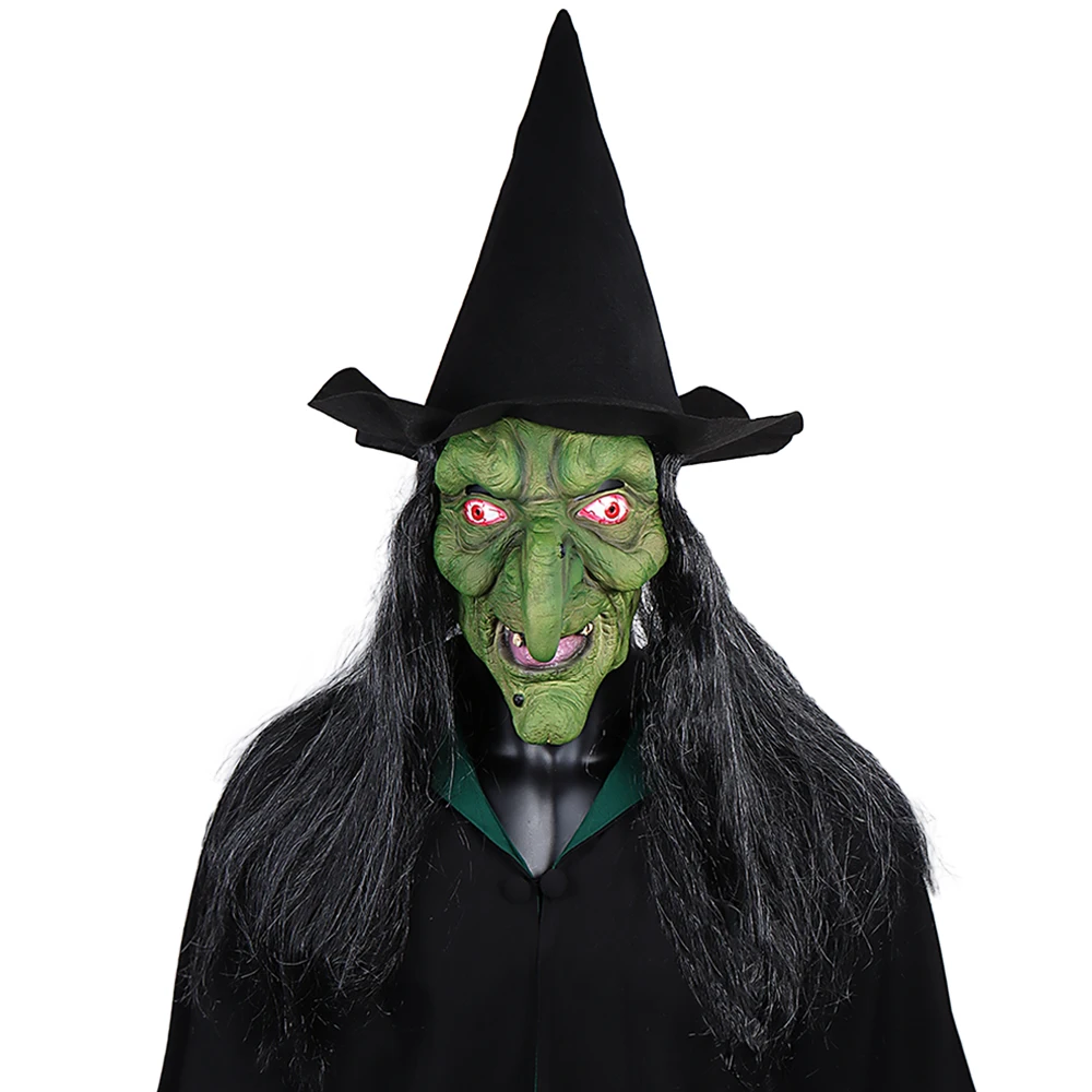 Halloween Horror Old Witch Mask with Hat Cosplay Scary Clown Hag Latex Masks Green Face Big Nose Old Women Costume