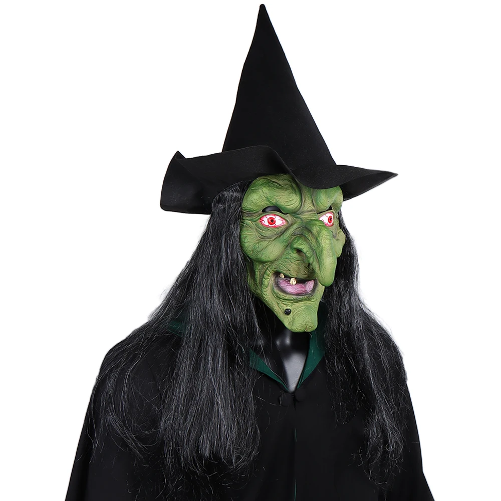Halloween Horror Old Witch Mask with Hat Cosplay Scary Clown Hag Latex Masks Green Face Big Nose Old Women Costume