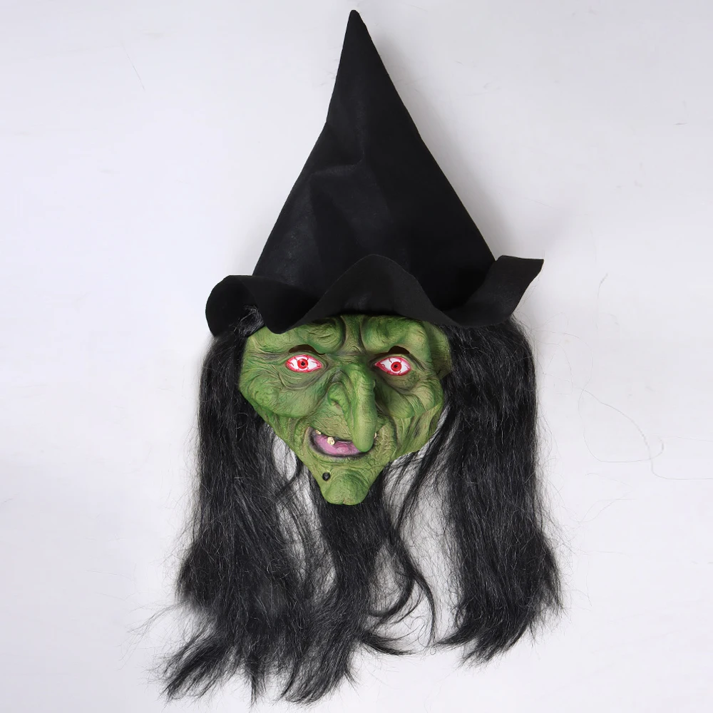 Halloween Horror Old Witch Mask with Hat Cosplay Scary Clown Hag Latex Masks Green Face Big Nose Old Women Costume