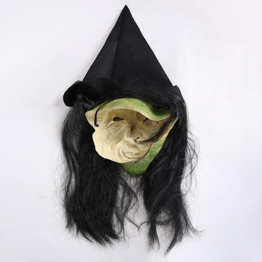 Halloween Horror Old Witch Mask with Hat Cosplay Scary Clown Hag Latex Masks Green Face Big Nose Old Women Costume
