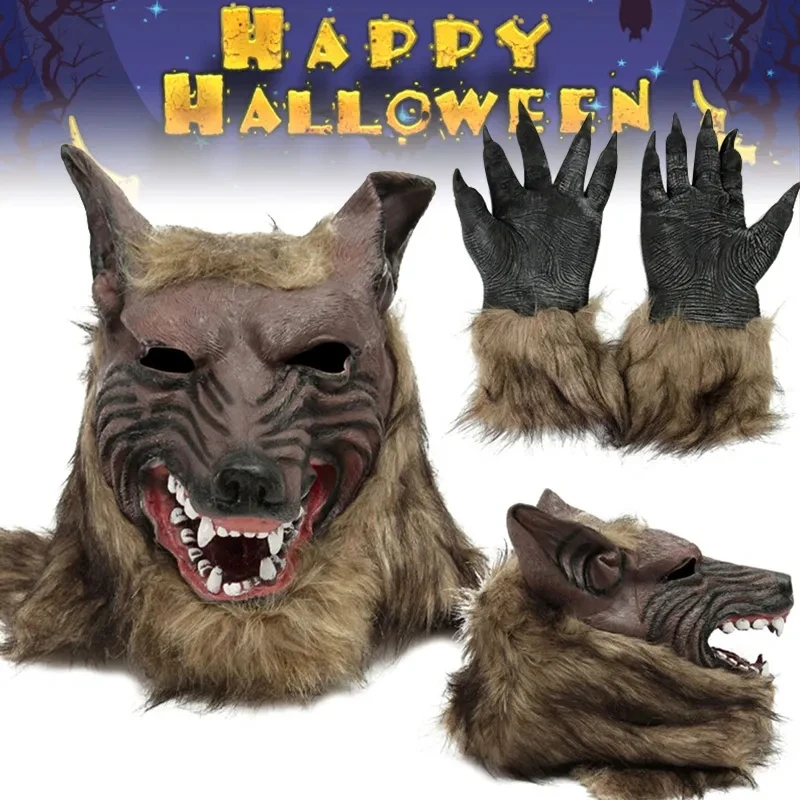 Halloween Latex Rubber Wolf Head Hair Mask Werewolf Gloves Costume Party Scary Decor Halloween Latex Rubber Wolf Head Hair Mask Werewolf Gloves Costume Party Scary Decor