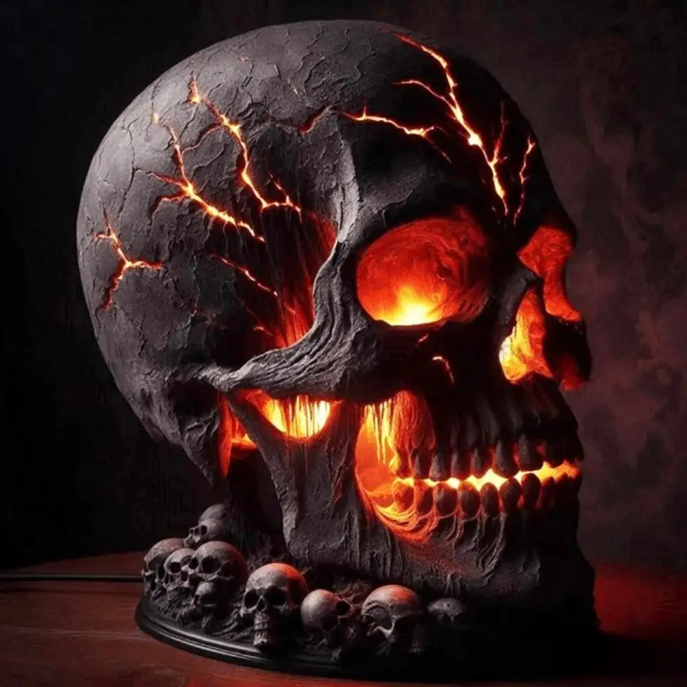 Halloween Lava Stone Skull Lamp Skull Desk Lamp with Spooky Led Light for Halloween Party Mantel Decoration Unique Room