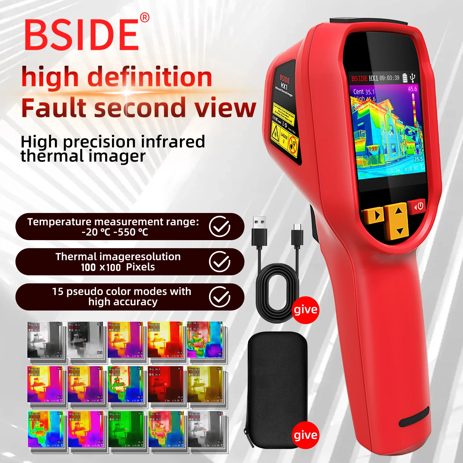 Handheld Thermal Imaging Camera -20~550C 15 color palettes 100×100IR resolution PC Analysis Software Industrial Tester Handheld Thermal Imaging Camera -20~550C 15 color palettes 100×100IR resolution PC Analysis Software Industrial Tester