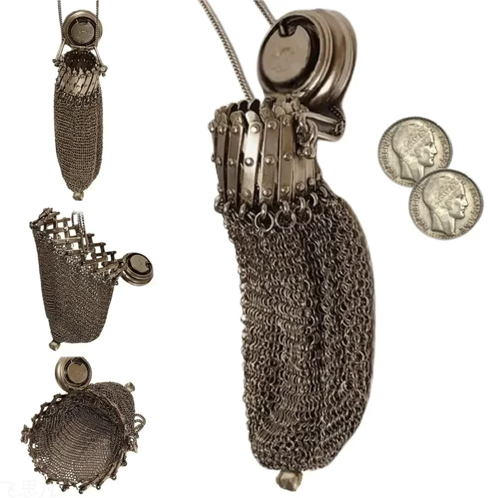 Handmade 1920's English Coin Purse Chain Nail Vintage Shrink Coin Purse Double Mesh Bag Stainless Steel Coin Collection
