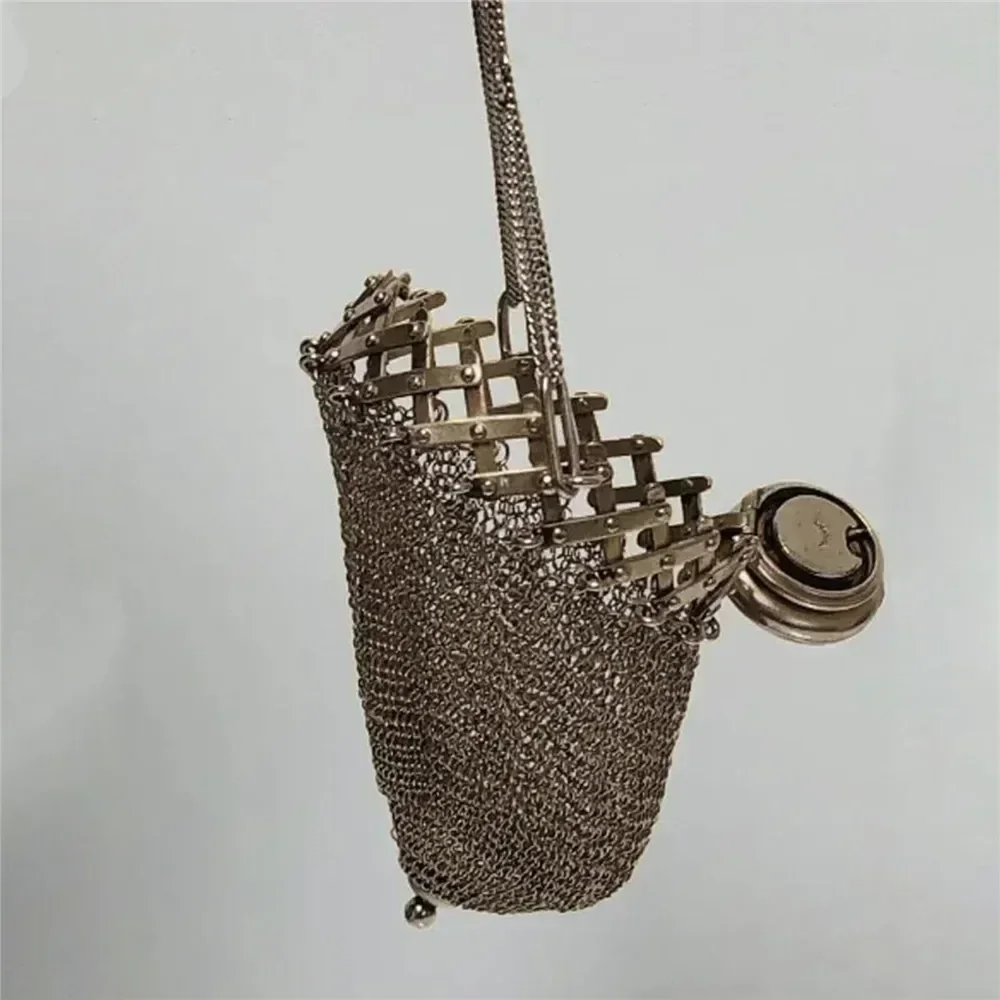 Handmade 1920's English Coin Purse Chain Nail Vintage Shrink Coin Purse Double Mesh Bag Stainless Steel Coin Collection