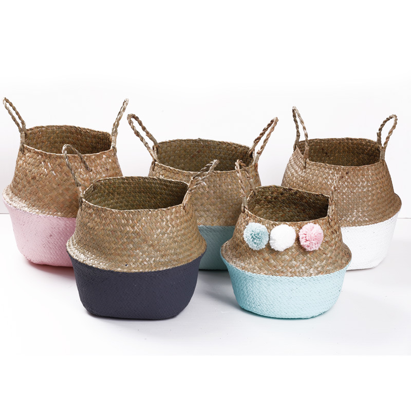 Handmade Woven Storage Basket Folding Clthoes Laundry Basket Straw Wicker Rattan Seagrass Belly Garden Flower Pot Plant