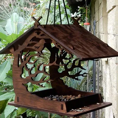 Hanging Wooden Bird House Feeder