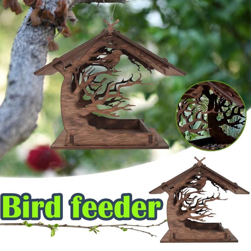 Hanging Wooden Bird House Feeder