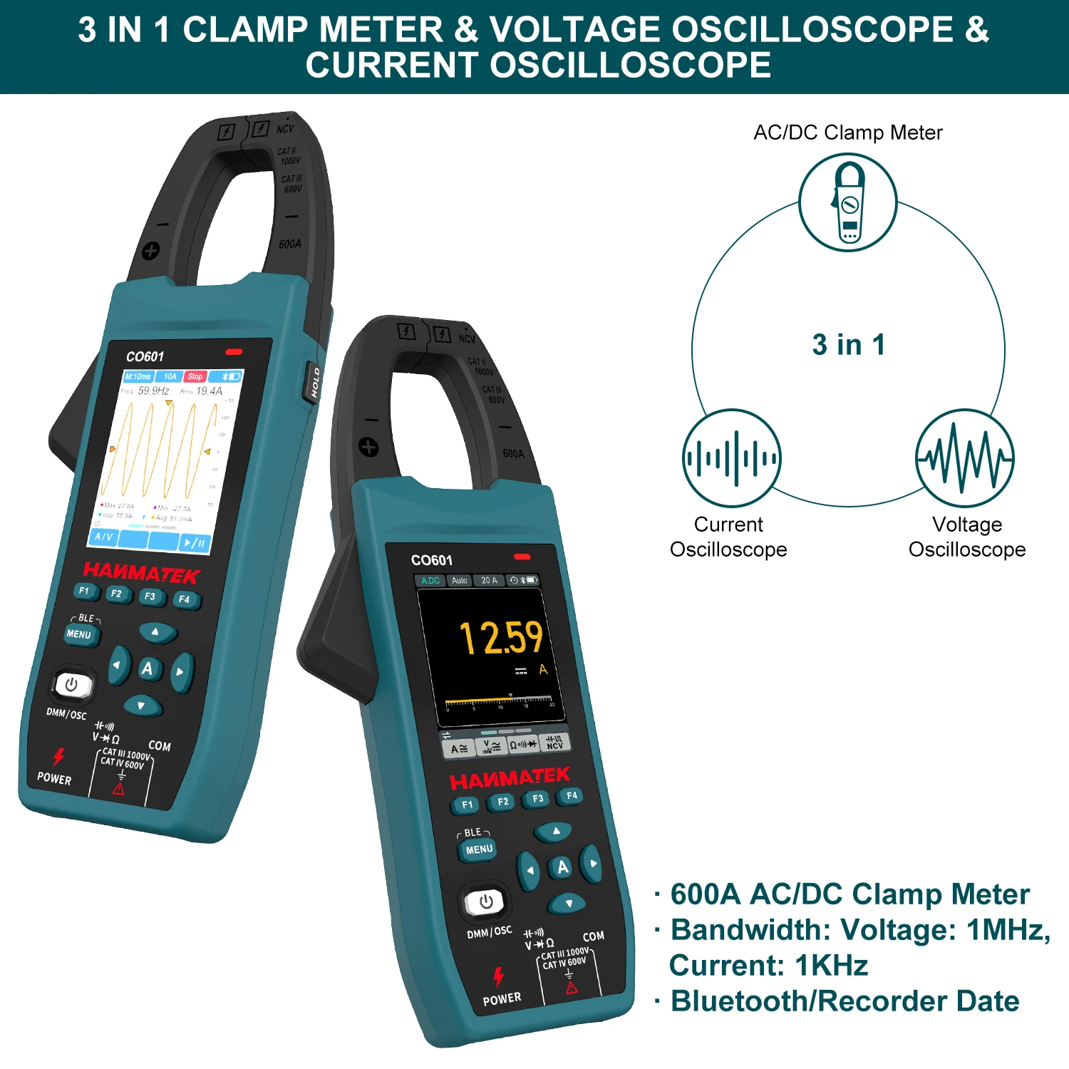 Hanmatek Clamp Meter With Oscilloscope 2.8-inch TFT AC/DC Voltage And Current Waveform Measurement Bluetooth Recorder