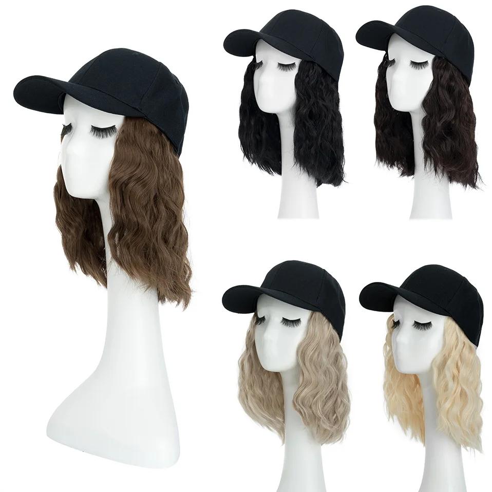 Hat Wig for Women 8 Inches Wave Baseball Cap Wig with Curly Hair Extensions Wig Synthetic Wave Wig Hat Adjustable Brown