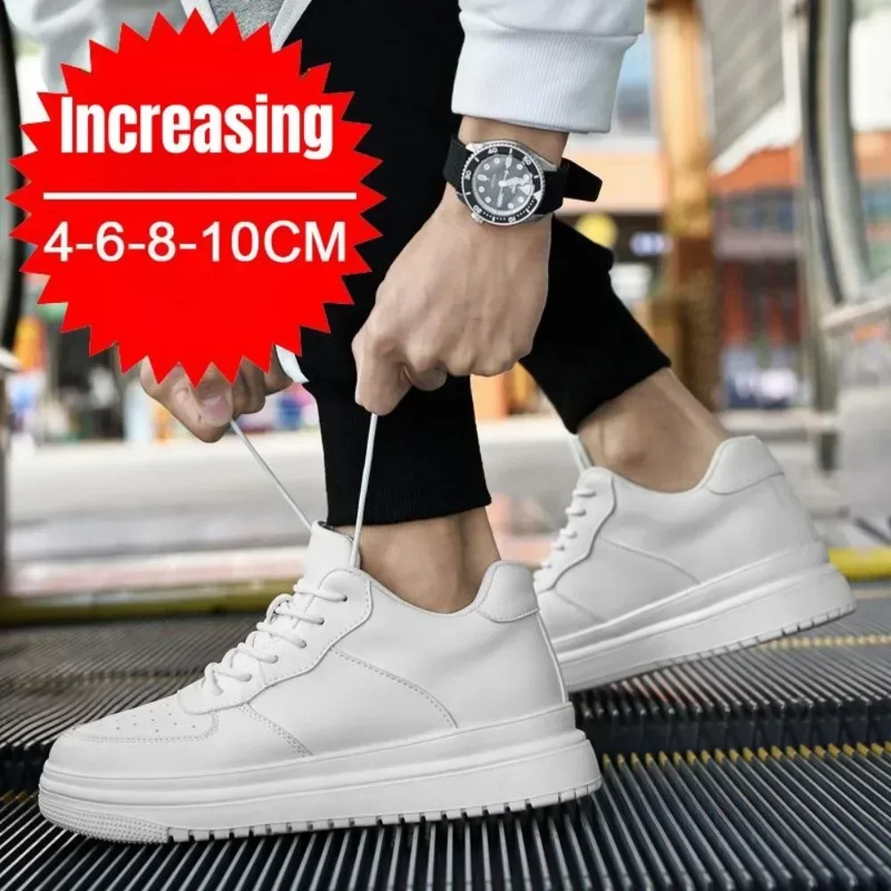 Height Increasing Shoes for Men 10cm Invisible Elevator Sneakers White Leathe Sport Zapatillas De Hombre Big Size 46
