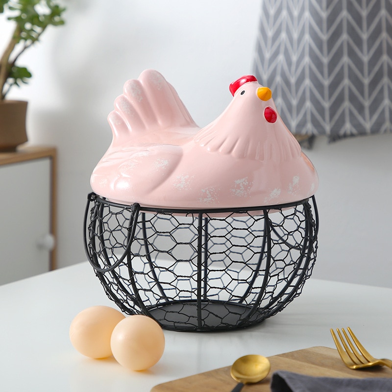 Hen Egg Holder Iron Basket with Ceramic Cover