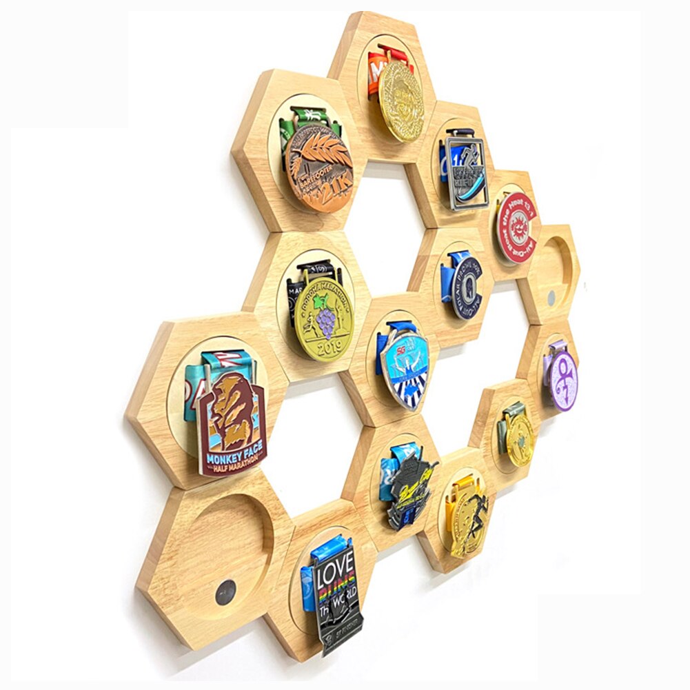 Hexagon Wall Wooden Medal Holder