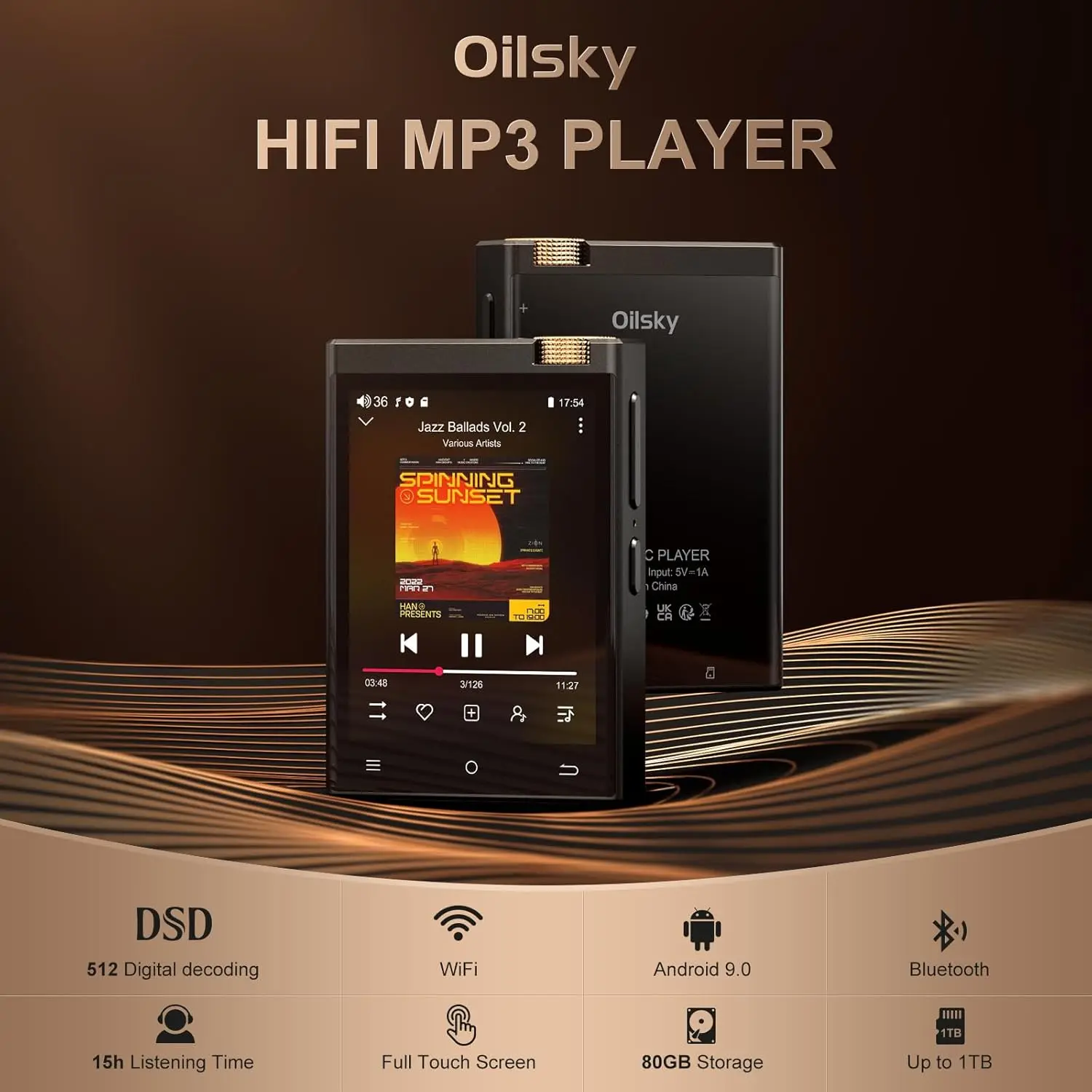 Hi-Fi MP3 Player with Bluetooth and WiFi, Oilsky Lossless DSD High-Resolution Digital Audio with 64GB Memory Card up to Hi-Fi MP3 Player with Bluetooth and WiFi, Oilsky Lossless DSD High-Resolution Digital Audio with 64GB Memory Card up to