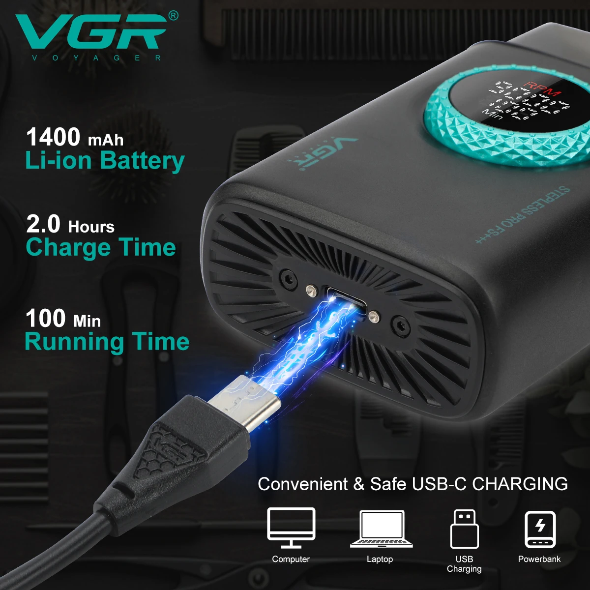 High-End Men's Shaver Alloy Reciprocating Three Blade Shaver LED Intelligent Digital Display 9000 Speed Hair Trimmer