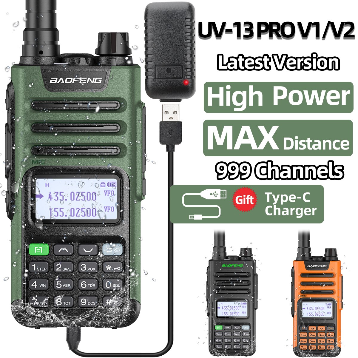 High Power Dual Band Walkie Talkie Type C Charger 16 KM Long Range UV13 Transceiver Ham Two Way Radio