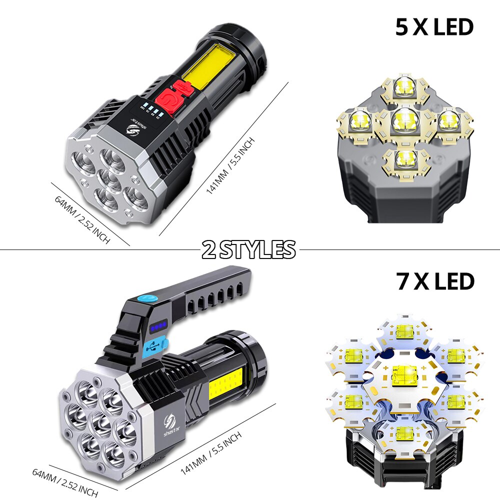High Power Rechargeable Led Flashlights 7LED Camping Torch With Cob Side Light Lightweight Outdoor Lighting ABS Material High Power Rechargeable Led Flashlights 7LED Camping Torch With Cob Side Light Lightweight Outdoor Lighting ABS Material