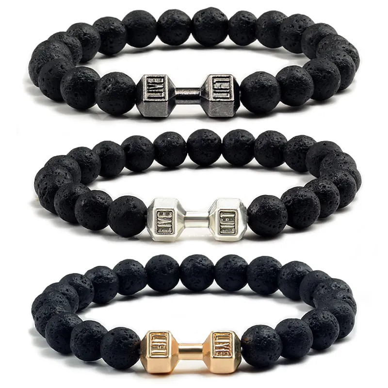 High Quality Beaded Bracelet Natural Black Lava Stone Dumbbell Charm Bracelets Energy Fitness Barbell Fashion Jewelry