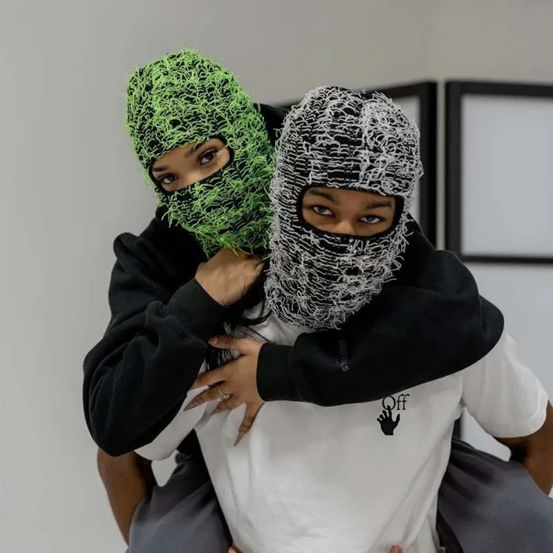 Hip Hop Balaclava Distressed Knitted Caps Full Face Ski Mask Women Outdoor Camouflage Fuzzy Ski Balaclava Beanies Hat