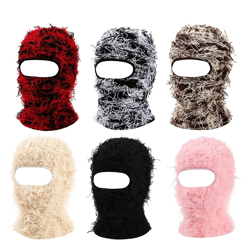 Hip Hop Balaclava Distressed Knitted Caps Full Face Ski Mask Women Outdoor Camouflage Fuzzy Ski Balaclava Beanies Hat