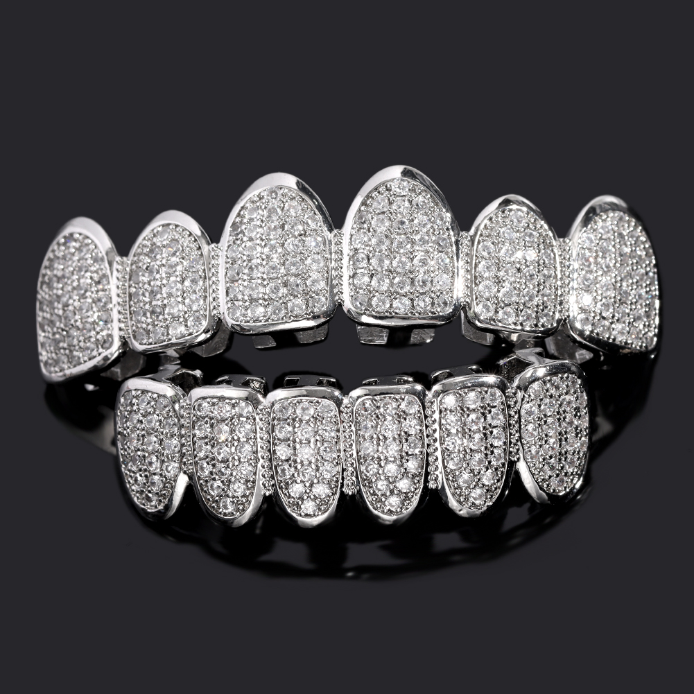 HipHop Bling Iced Out CZ Teeth Grillz Caps Set Top&Bottom Cubic Zircon Gold Silver Color Tooth Grills Caps