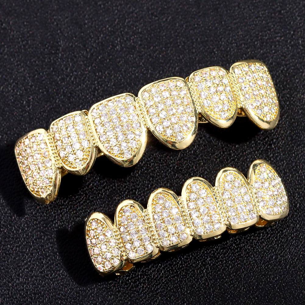 HipHop Bling Iced Out CZ Teeth Grillz Caps Set Top&Bottom Cubic Zircon Gold Silver Color Tooth Grills Caps
