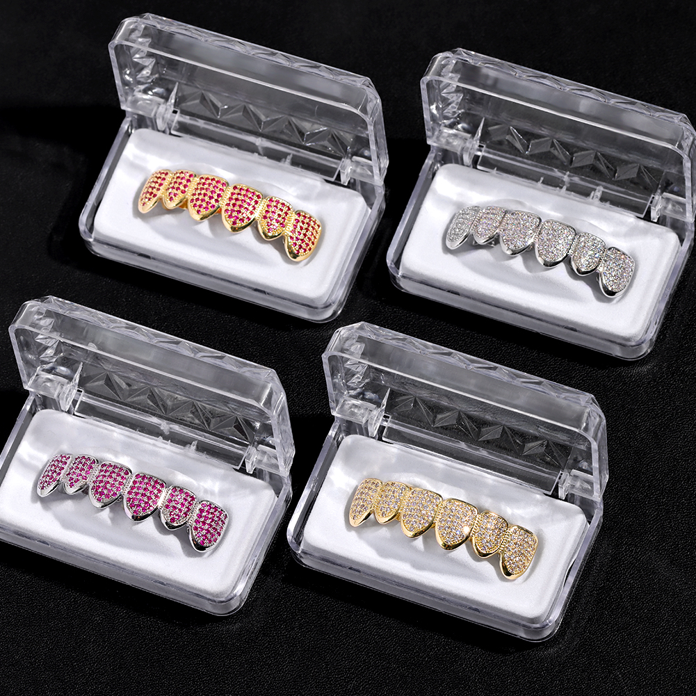 HipHop Bling Iced Out CZ Teeth Grillz Caps Set Top&Bottom Cubic Zircon Gold Silver Color Tooth Grills Caps