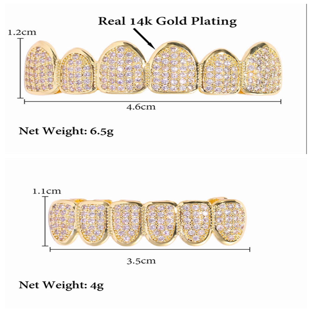 HipHop Bling Iced Out CZ Teeth Grillz Caps Set Top&Bottom Cubic Zircon Gold Silver Color Tooth Grills Caps