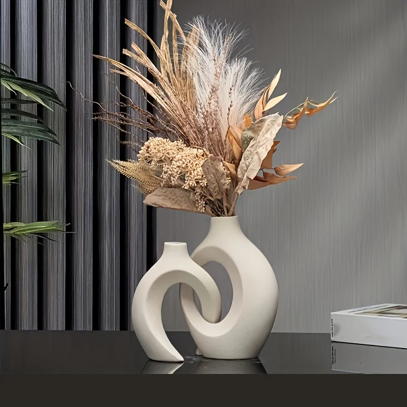 Hollow Nordic Modern Ceramic Vase Set of 2 for Modern Home Decor,Modern Boho Hollow Flower Vases for Living Room