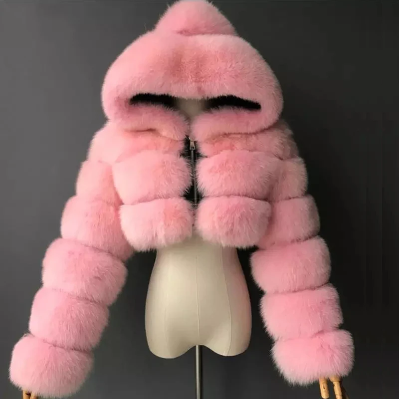 Hooded Women's Cropped Faux Fur Jacket Hooded Women's Cropped Faux Fur Jacket