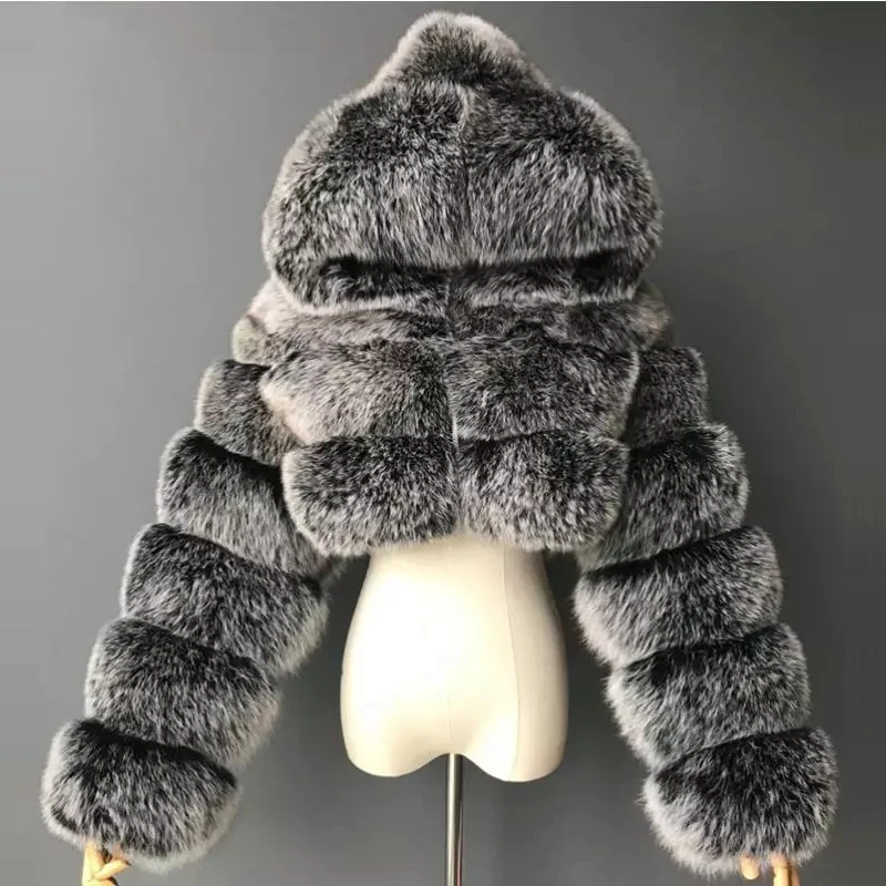 Hooded Women's Cropped Faux Fur Jacket Hooded Women's Cropped Faux Fur Jacket
