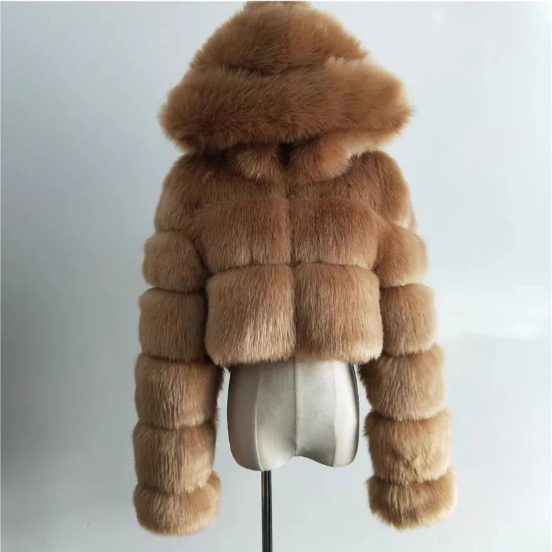 Hooded Women's Cropped Faux Fur Jacket Hooded Women's Cropped Faux Fur Jacket