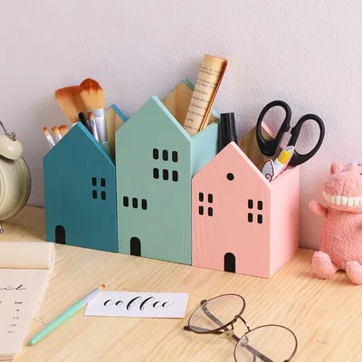 House Shape Wood Pen Holder