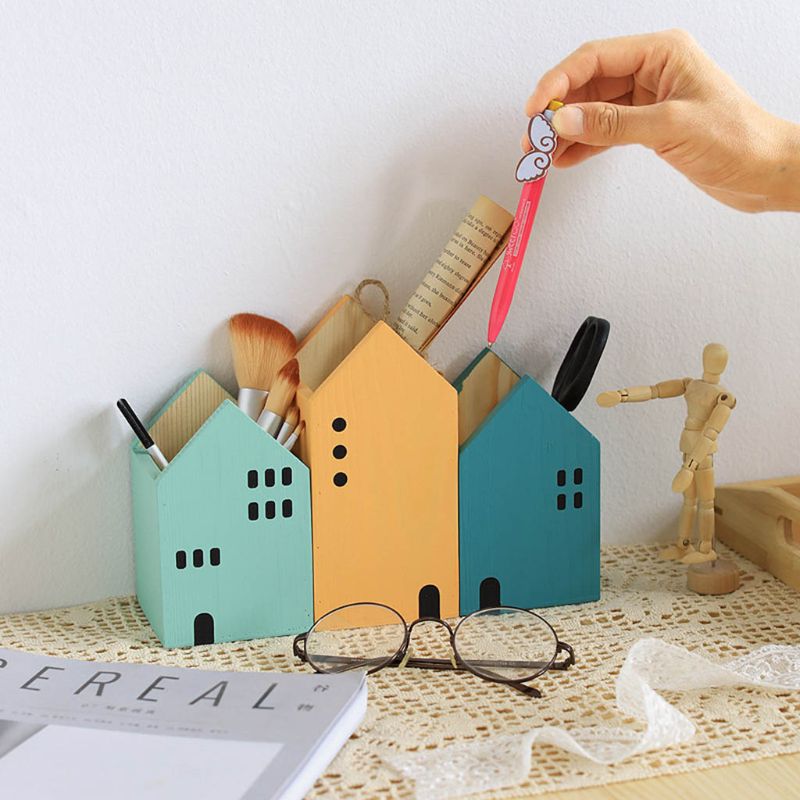 House Shape Wood Pen Holder
